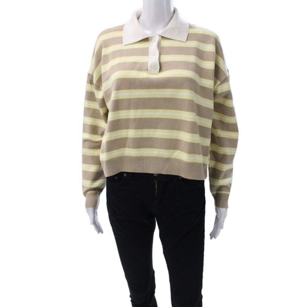 OGD Women Striped Collared Pullover Sweater Beige Long Sleeve Size XS